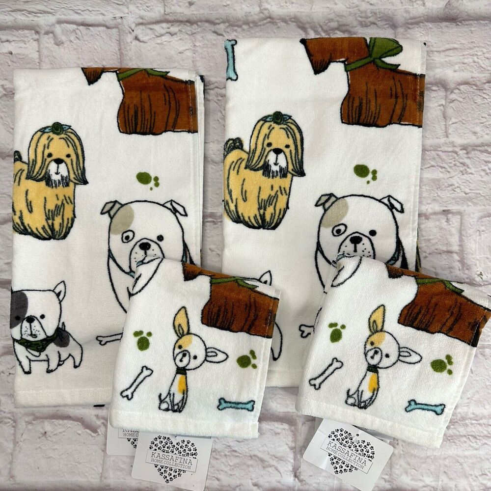 Kassafina Dog Pup Bath Hand Bath Kitchen Towel Wash Cloth Set 4 NWT